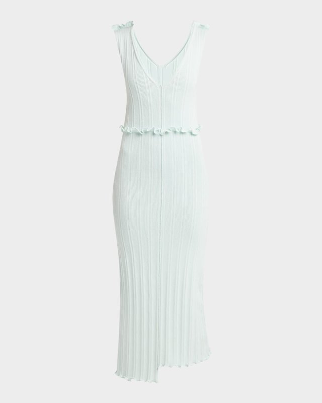 Ruffle Sleeveless Fine Rib Cotton Midi Dress